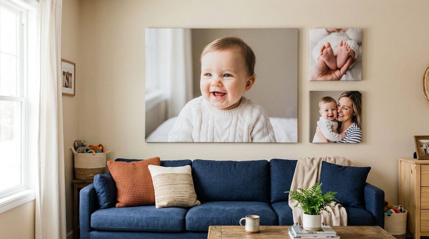A large canvas print of a smiling baby hanging above a navy sofa, with two smaller baby canvases beside it