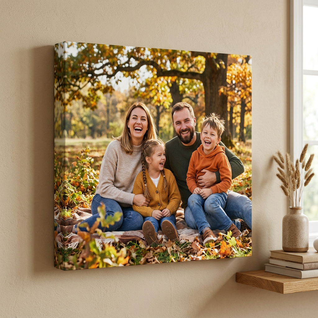 Canvas print of a family laughing in an autumn park