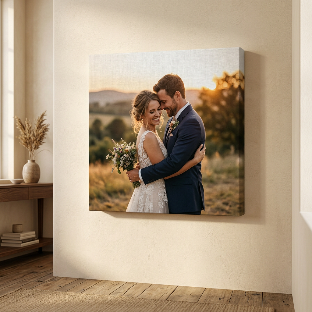 Canvas print of a bride and groom at golden hour